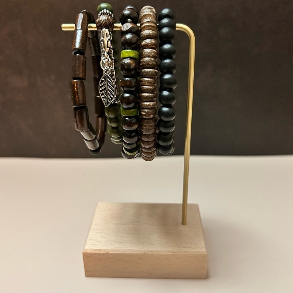 5 Piece Brown Green Black Silver Beaded Bracelet Set
